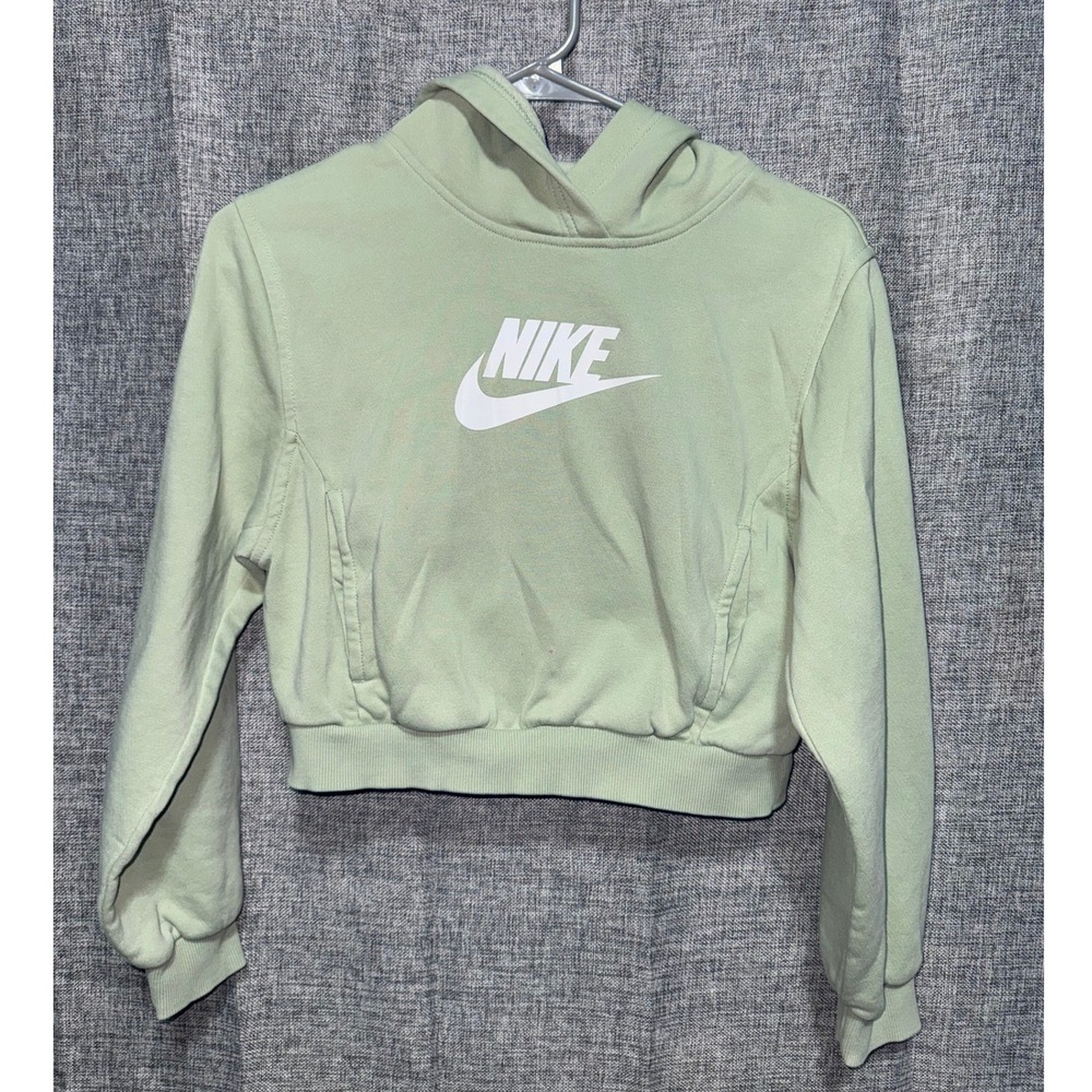 Nike Girls Sportswear Cropped Hoodie Sage Green Fleece Pullover Logo Size Large